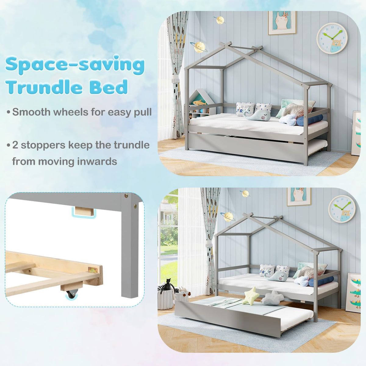 Goflame Wood House Bed for Kids, Twin Bed Frame with Trundle Bed Twin