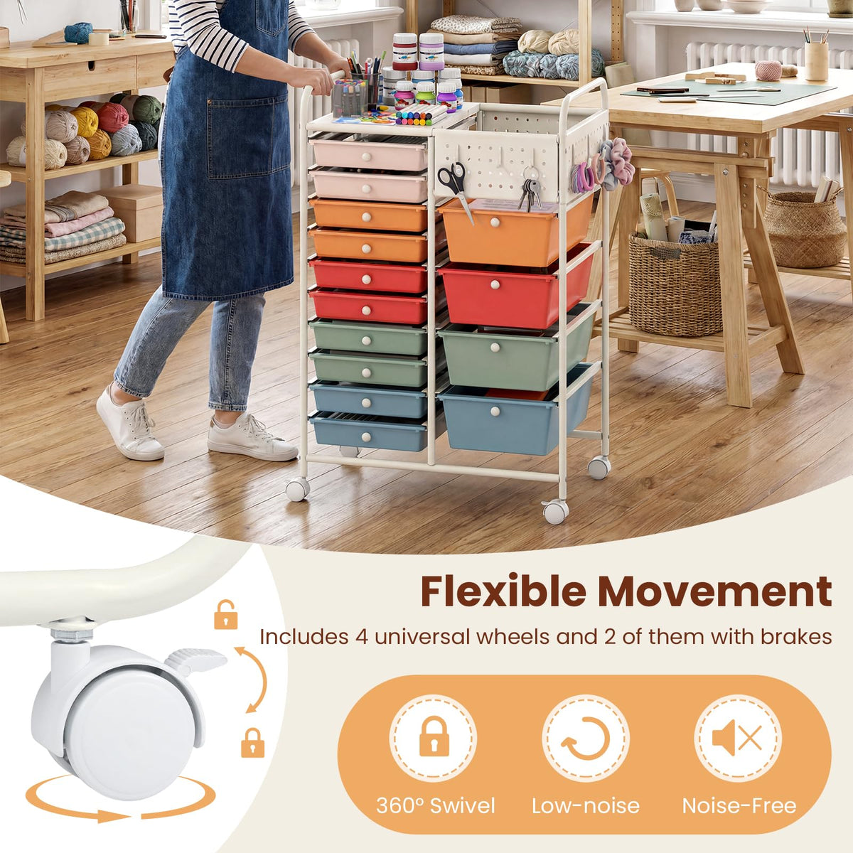 Goflame 14 Drawer Storage Cart | Rolling Craft Cart with Metal Tabletop & Pegboard