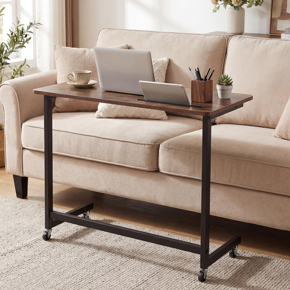 Goflame Mobile C-Shape Side Table - Rolling Bedside Table w/Tablet Slot