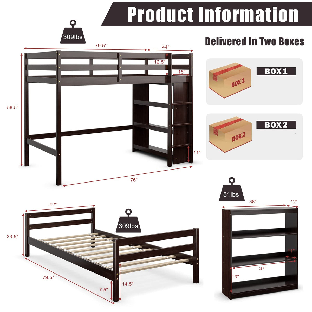 Goflame Twin Over Twin Loft Bed w/ Bookcase, Bunk Bed w/ 12.5" Full-Length Guardrail & Ladder