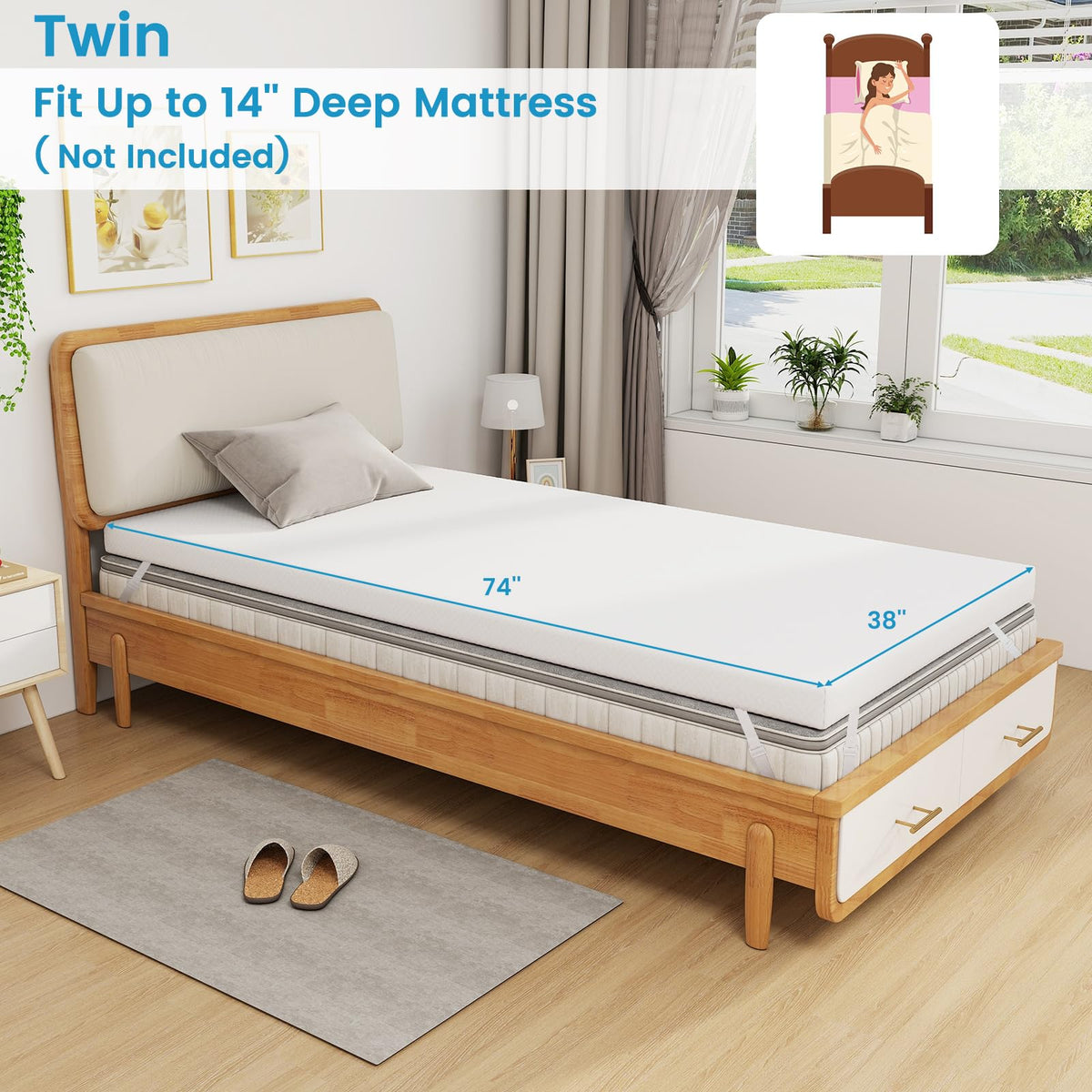 Goflame 3 Inch Twin Memory Foam Mattress Topper, Gel Infused Topper with Removable Cover