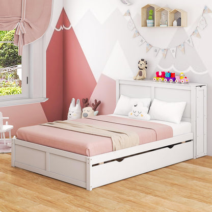 Goflame Full Bed Frame with Twin Trundle, Wooden Bed Wooden Bed Frame with 2 Rolling Bookcases & High Headboard