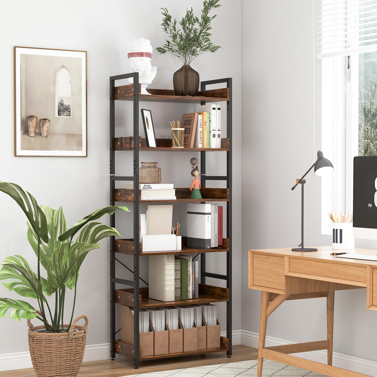 Goflame Industrial 6-Tier Bookshelf, 70" Tall Freestanding Storage Display Shelf with 4 Hooks