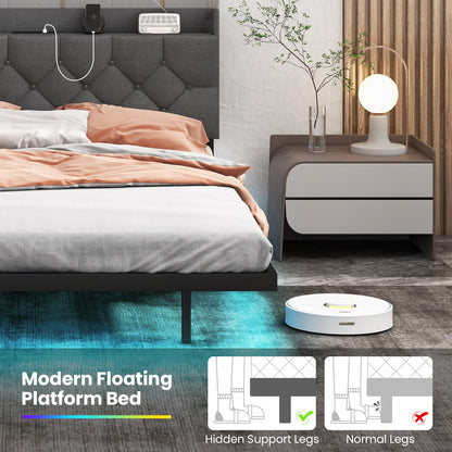 Goflame Queen/Full Size Floating Bed Frame with LED Lights, Modern Platform Bed with Adjustable Upholstered Headboard & Charging Station