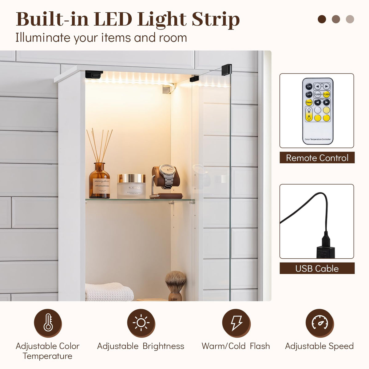 Goflame Tall Narrow Bathroom Cabinet with Lights & Remote Control (1/2)