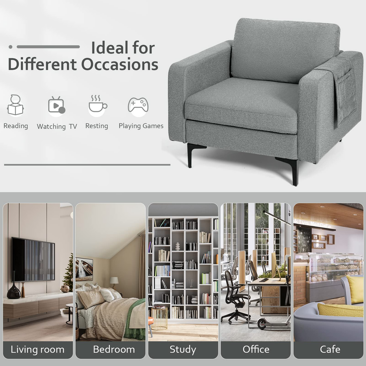 Goflame Modern Accent Chair w/Comfy Thick Cushion, Magazine Pockets
