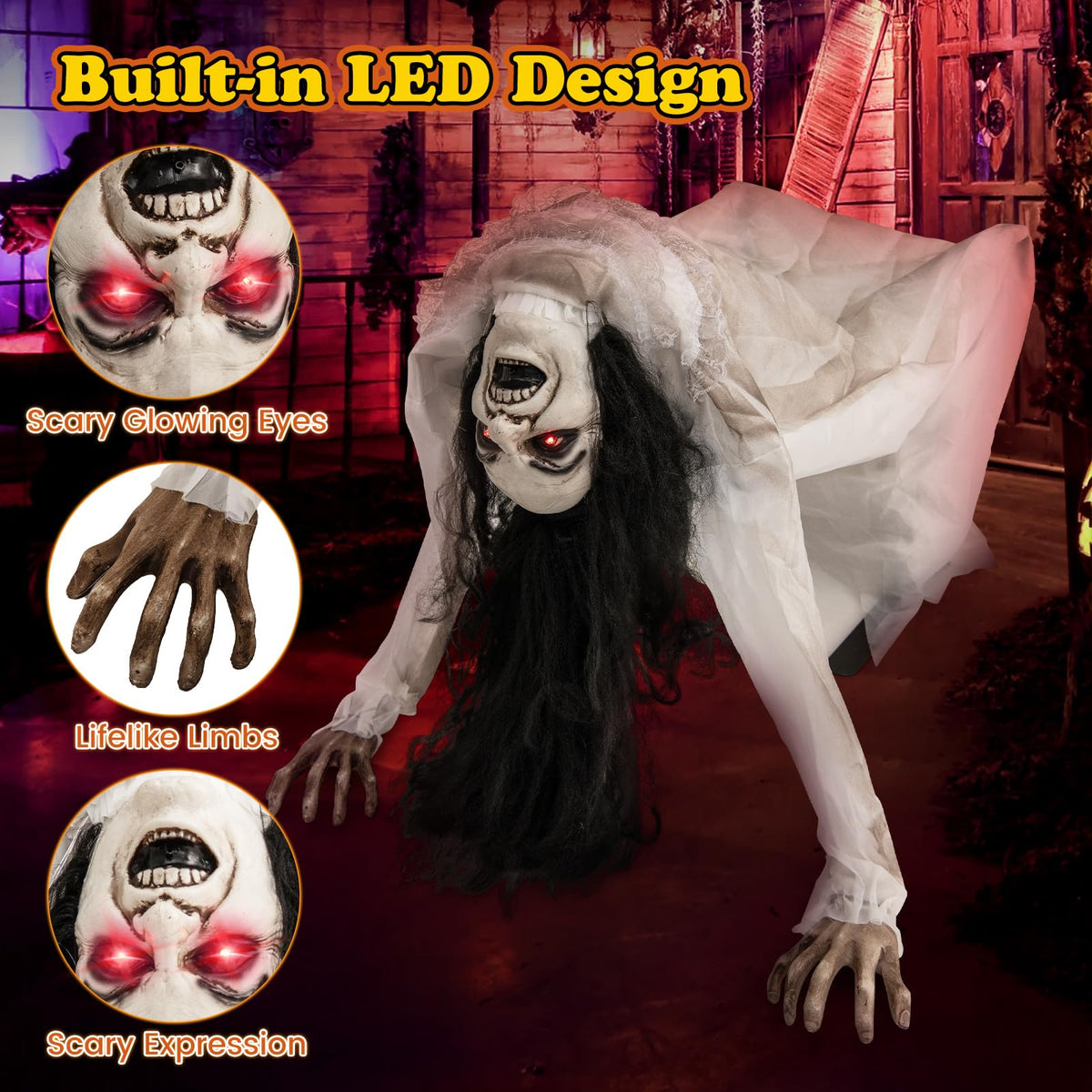 Lighted and Animated Halloween Decoration, Animatronic Crawling Woman w/ LED Eyes, Indoor Outdoor Halloween Ghost