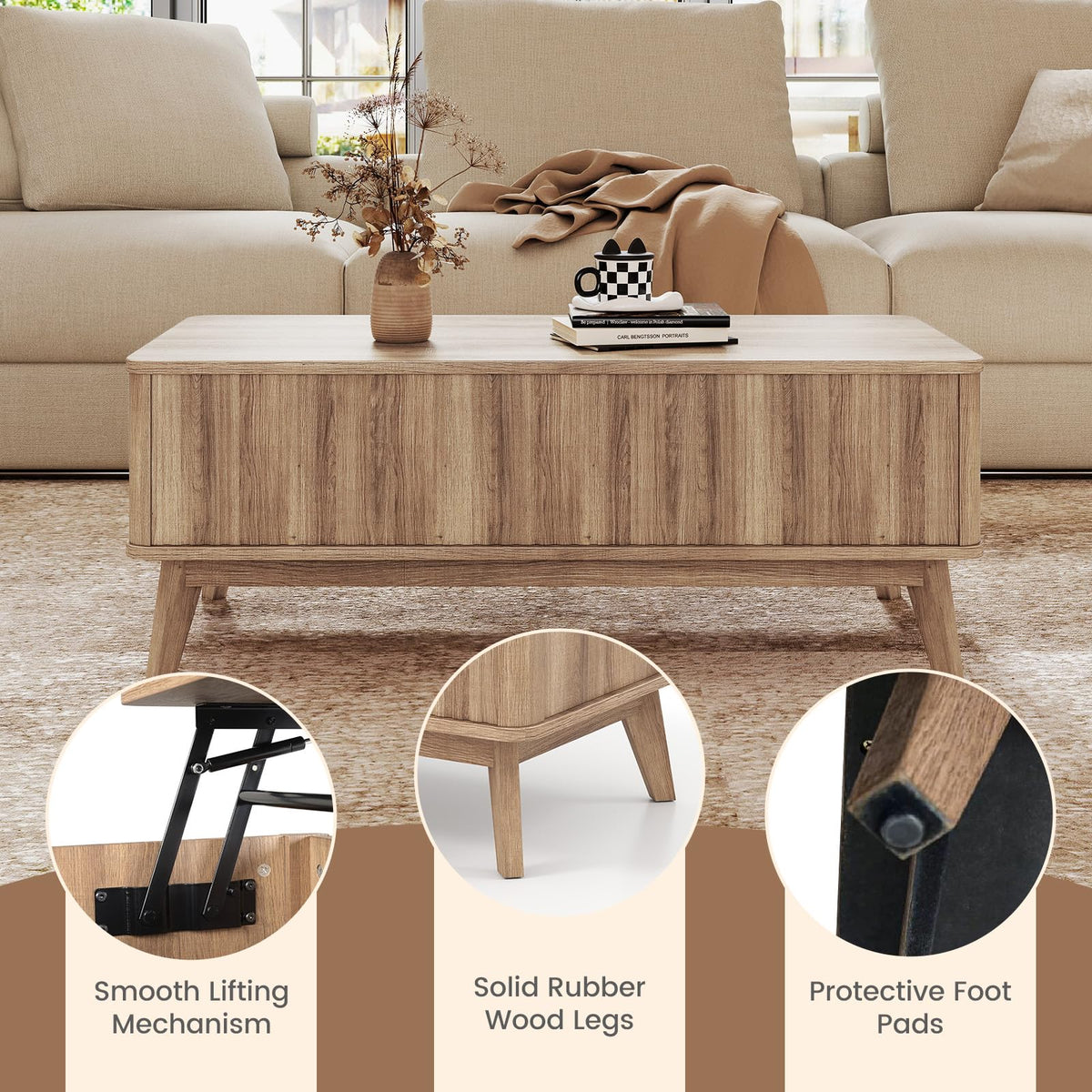 Goflame Lift Top Coffee Table with Storage | 43.5" Mid Century Modern Center Table with Solid Wood Leg & Hidden Compartment