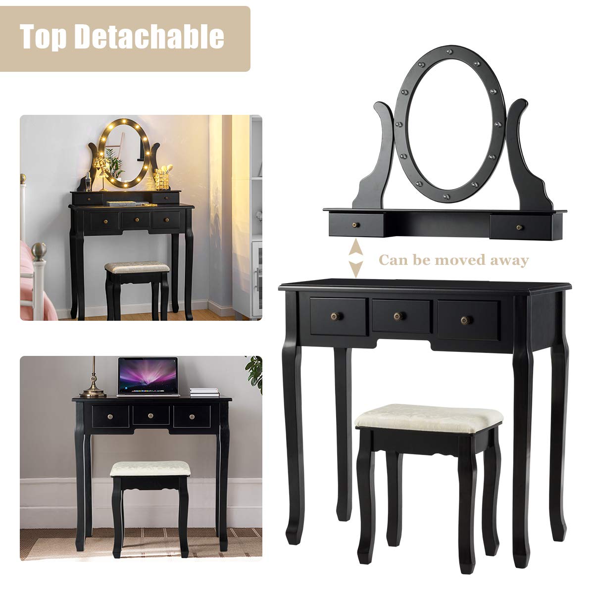 Vanity Set with 360° Rotating Oval Makeup Mirror, Dressing Table & Cushioned Stool Set with 5 Sliding Drawers & 12 LED Lights