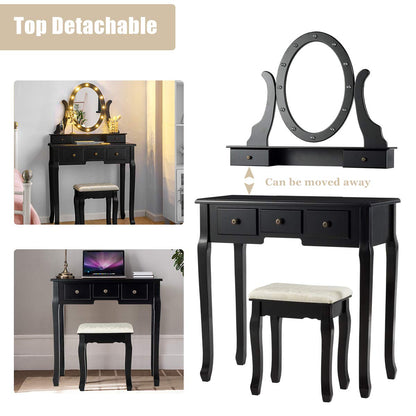 Vanity Set with 360° Rotating Oval Makeup Mirror, Dressing Table & Cushioned Stool Set with 5 Sliding Drawers & 12 LED Lights