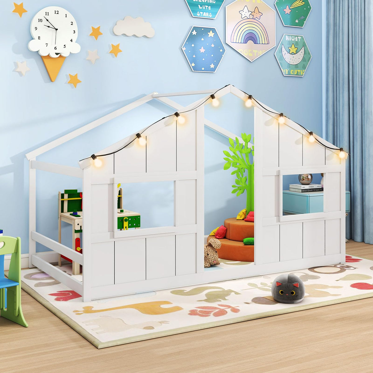 Goflame Twin Kids House Bed with Light Bulbs Wooden Montessori Floor Bed Frame with Roof & Windows
