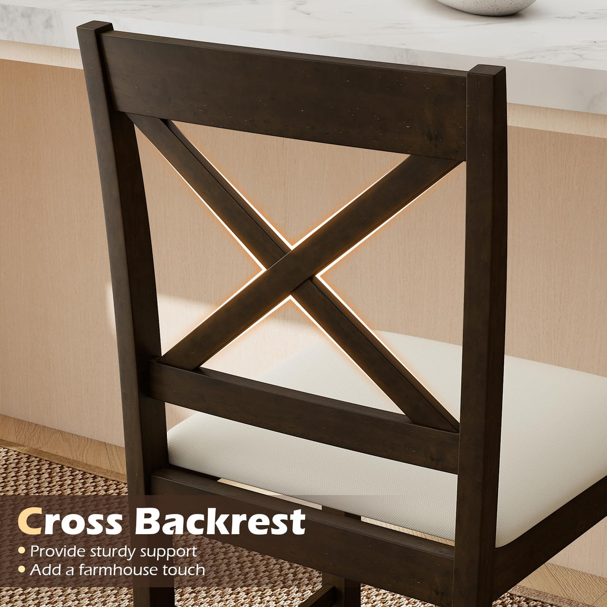 Goflame 24" Farmhouse Bar Stools | Cross Back Counter Height Chairs with Padded Linen Upholstered Seat (2/4)