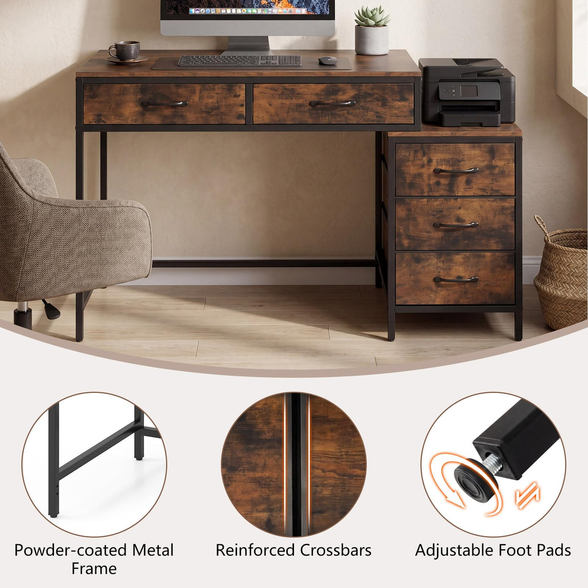 Goflame Reversible Computer Desk with 5 Drawers