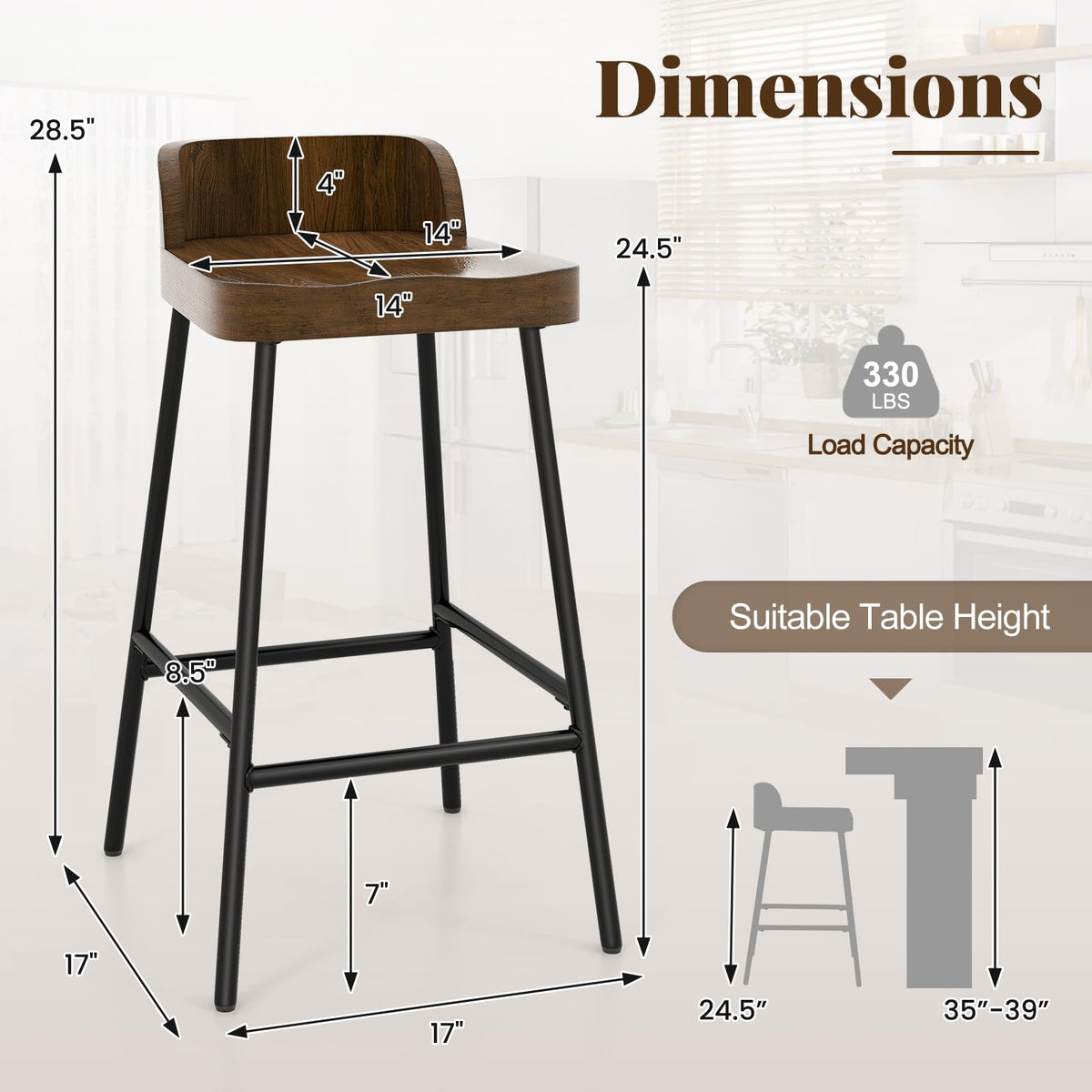 Goflame 24.5'' Bar Stool, Counter Height Bar Stools with Low Back & Footrest