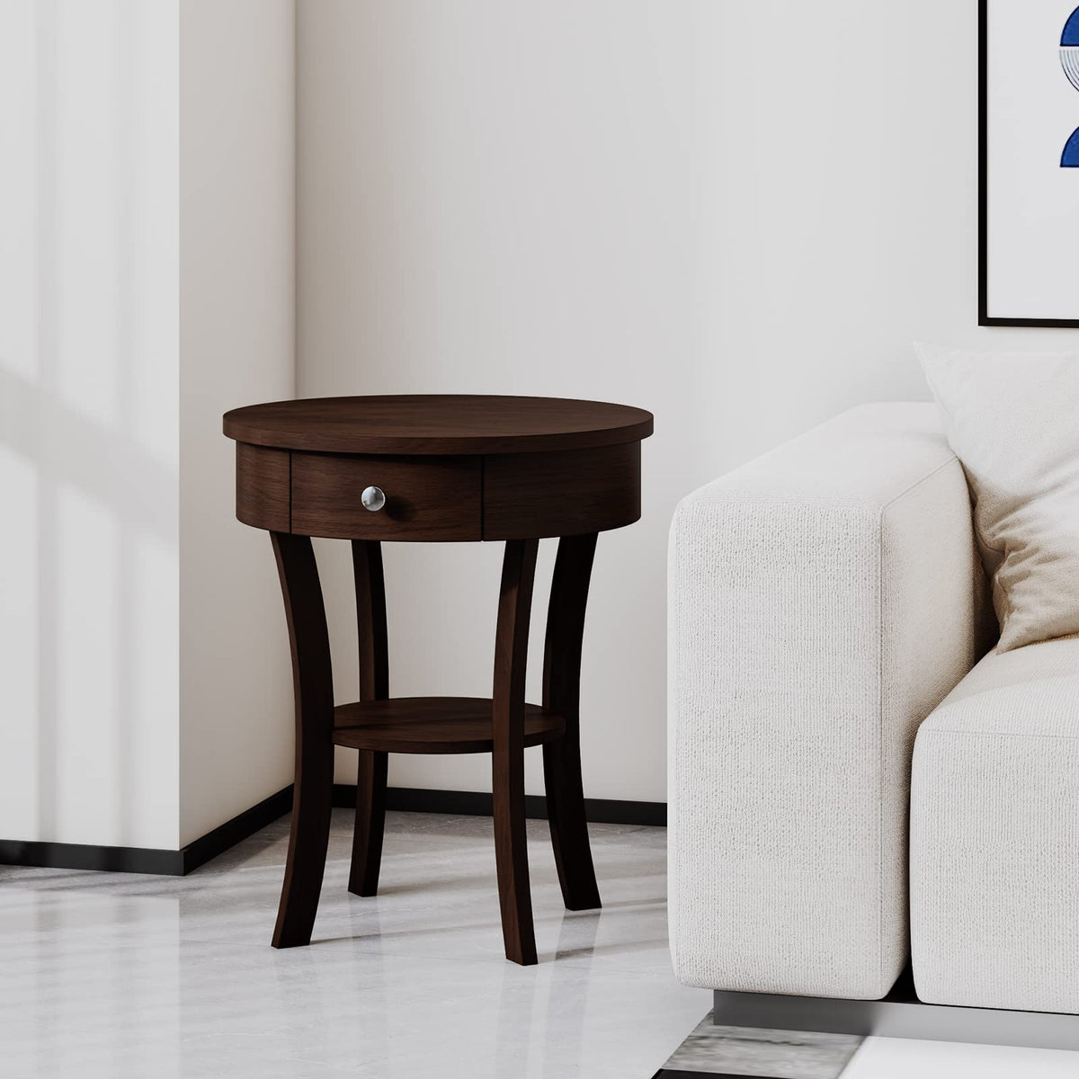 Goflame Round End Table with Drawer, 2-Tier Wood Side Table w/Open Shelf