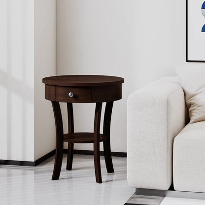 Goflame Round End Table with Drawer, 2-Tier Wood Side Table w/Open Shelf