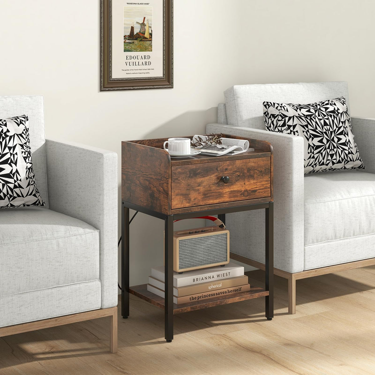 Goflame Nightstand with Charging Station, Industrial Bedside Table with Storage Drawer & Open Shelf