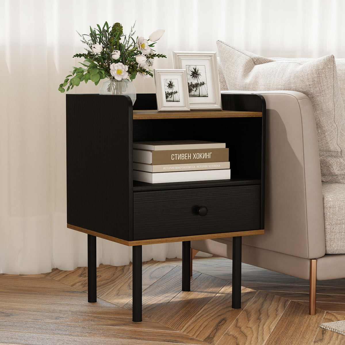 Goflame Wood Night Stand with Drawer - Mid Century Modern Bedside Table