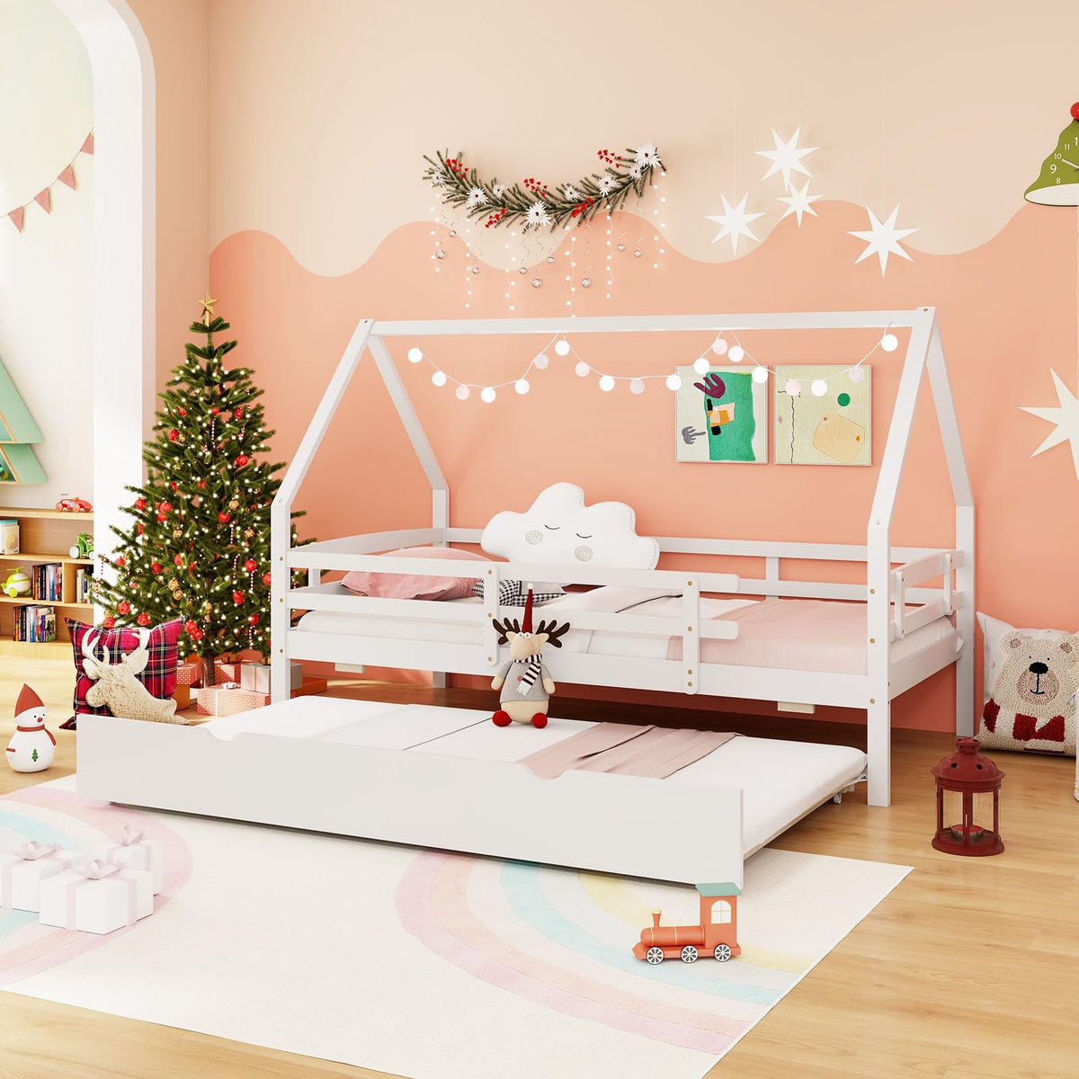 Goflame Twin House Bed with Trundle, Wood Kids Bed Frame with Roof & Fence Rails