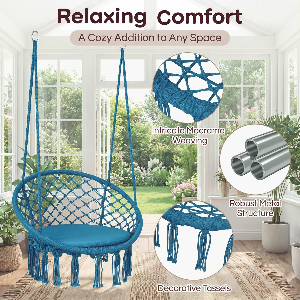 Goflame Hammock Chair Macrame Swing with Round Seat Cushion and Hardware Kit