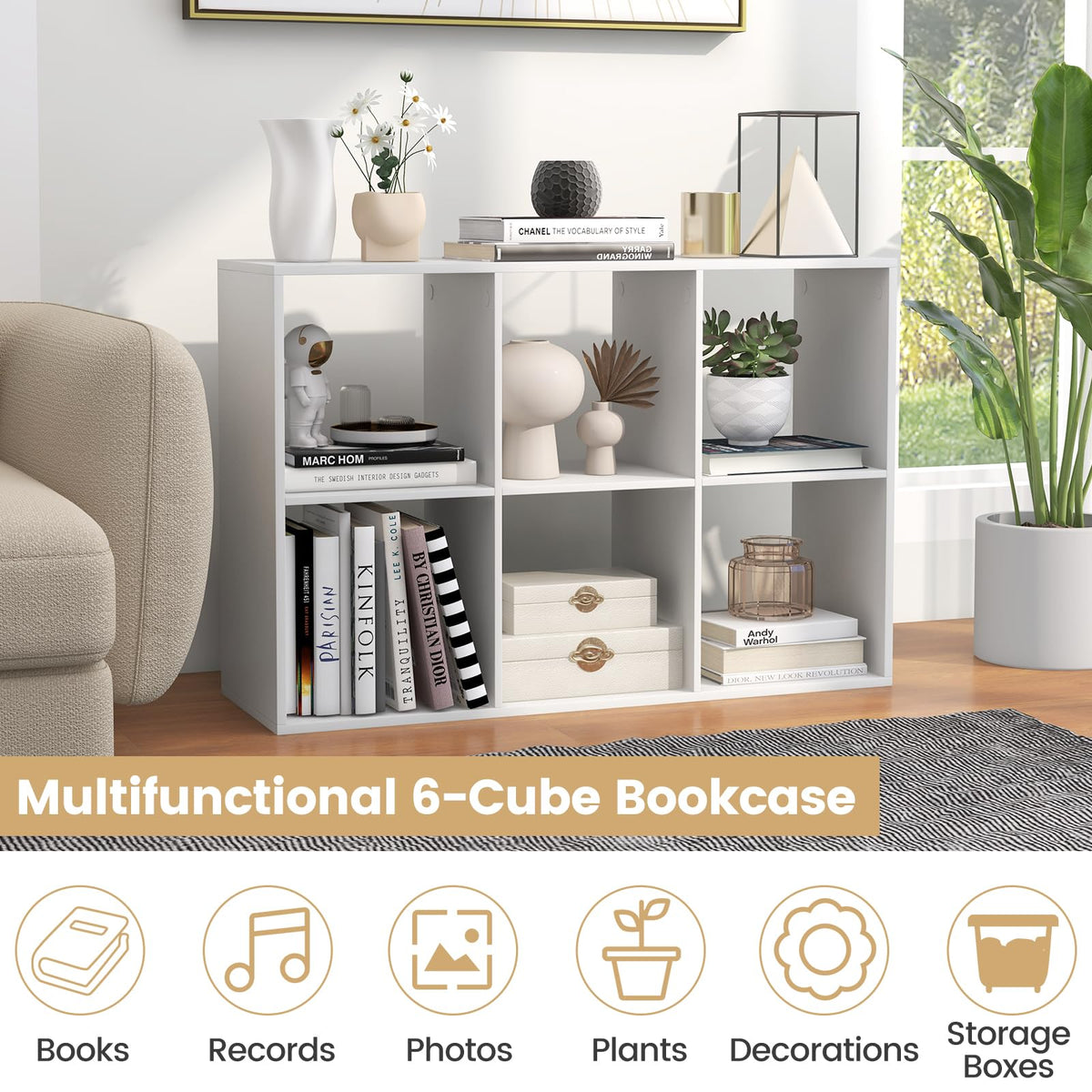 Goflame 6-Cube Bookcase, White Cubby Bookshelf w/Back Guardrail & Anti-Tipping Kits
