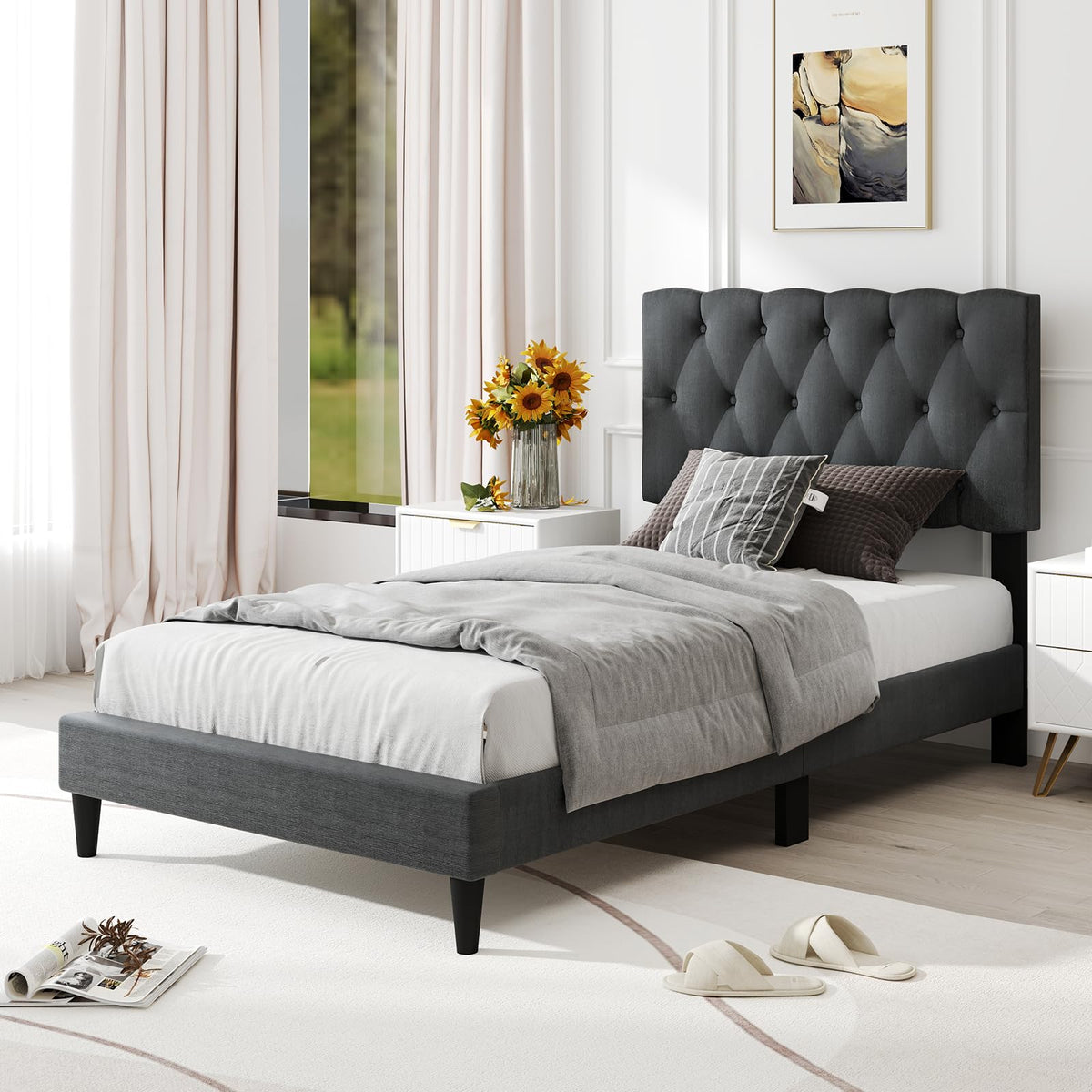 Modern Queen/Full/Twin Size Upholstered Platform Bed Frame with Diamond Tufting Headboard