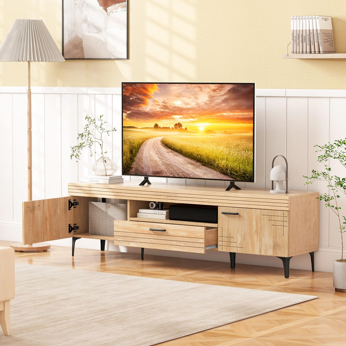Goflame TV Stand for TV up to 65 Inches, Mid Century Modern Entertainment Center with 2 Cabinets