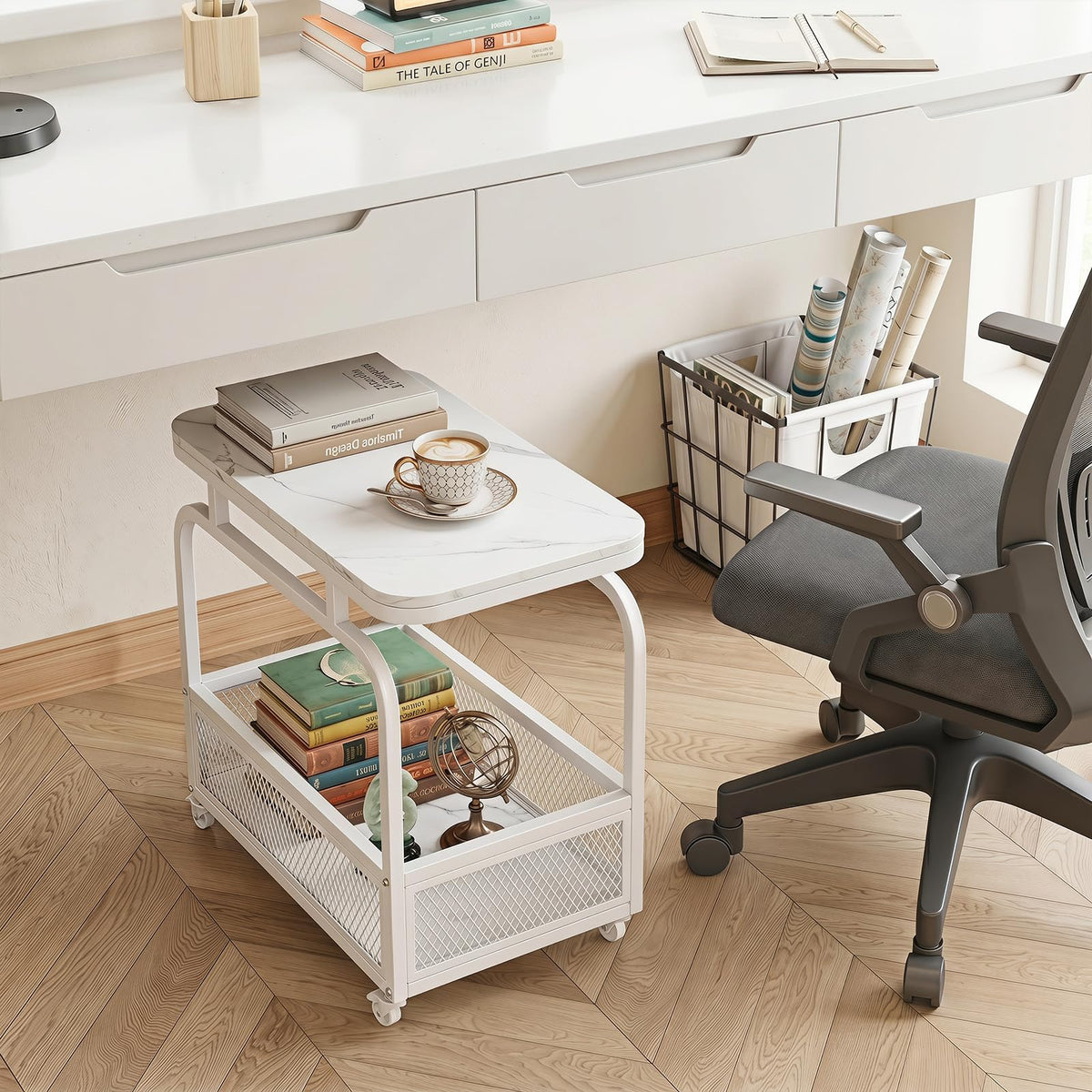 Goflame Rolling Side Table | 2-Tier End Table with Mesh Storage Basket (1/2)