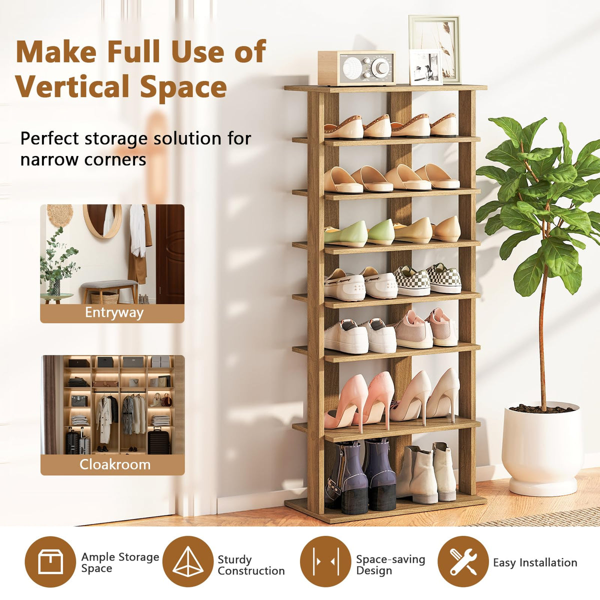 Goflame 8-Tier Wooden Shoe Rack Patented Double Row Shoe Organizer for 16 Pairs