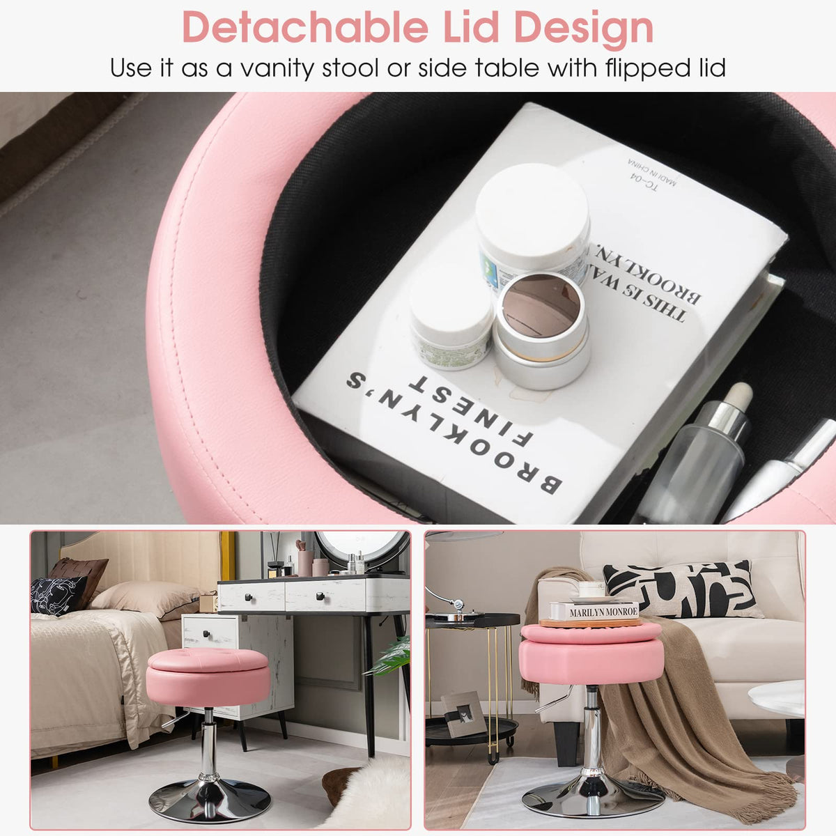 GOFLAME 360° Swivel PU Leather Vanity Stool with Storage Set of 2