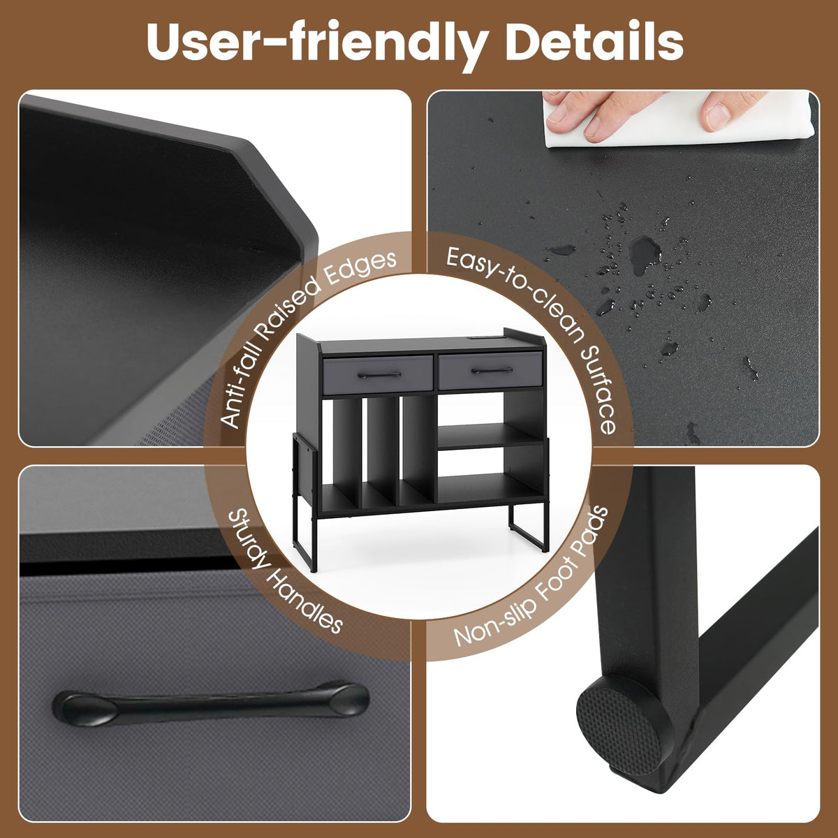 Goflame Large Record Player Stand with Charging Station Mid Century Modern Vinyl Storage Cabinet