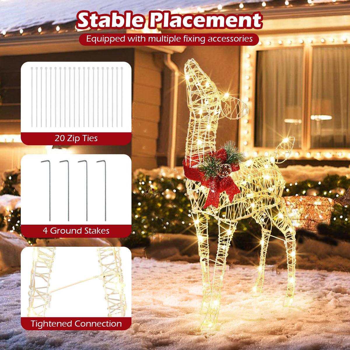 Goflame Christmas Pre-Lit Reindeer, Lighted Baby Deer w/ 50 Warm White LED Lights & Red Bow