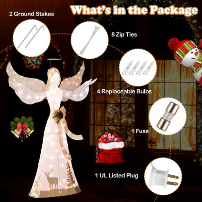 Goflame Pre-lit 3D Glittered Angel with 100 Warm White Lights Halo Bow Ground Stakes