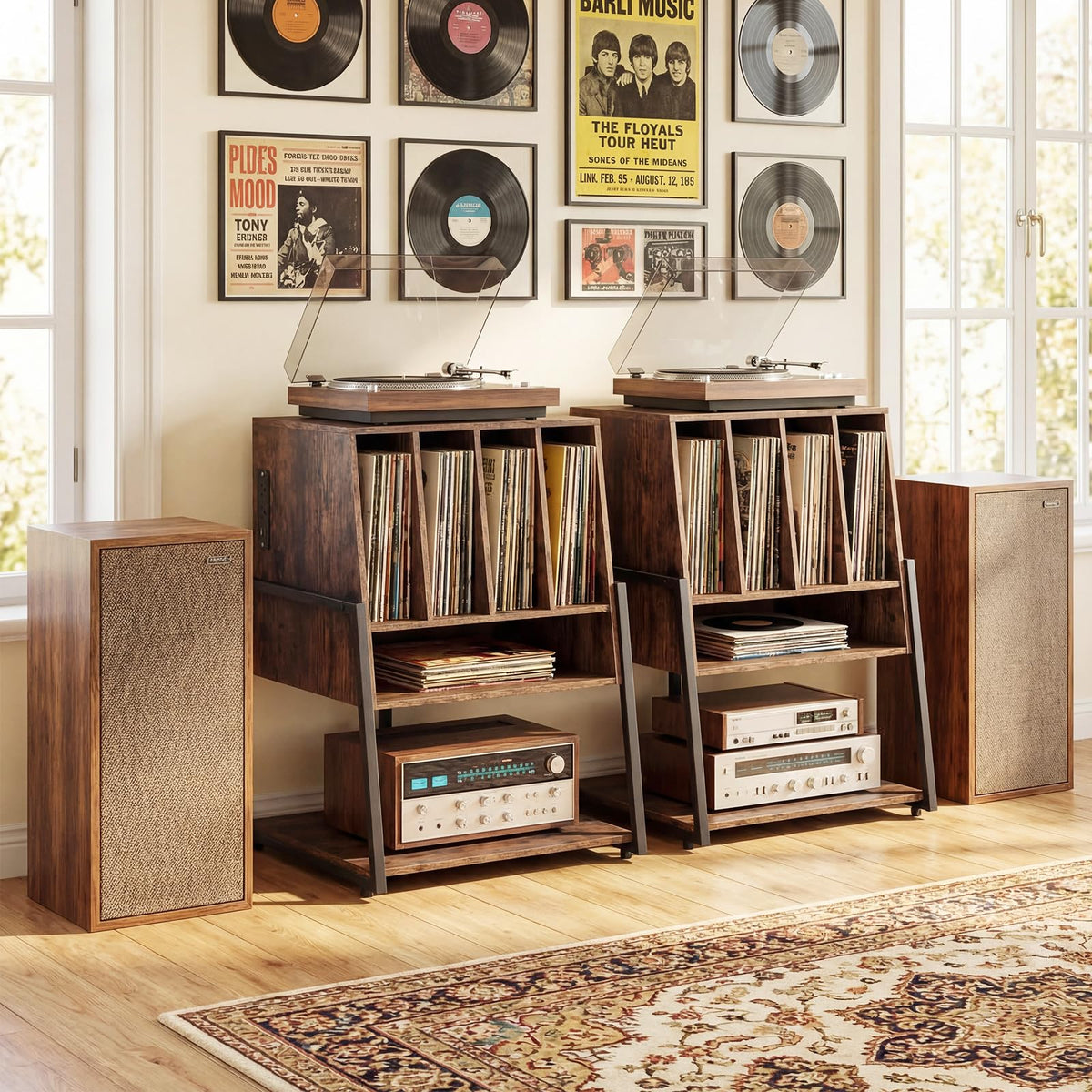 Goflame Record Player Stand on Wheels | 3-Tier Turntable Stand with Charging Station