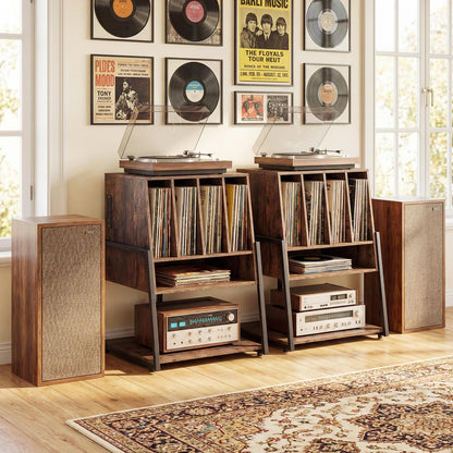 Goflame Record Player Stand on Wheels | 3-Tier Turntable Stand with Charging Station