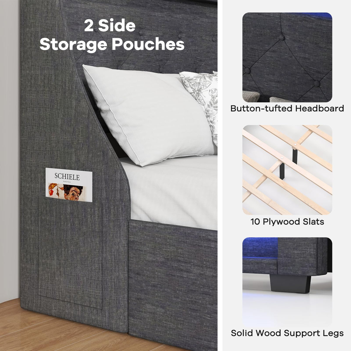 Goflame Full Size Bed Frame with LED Lights & Charging Station, Upholstered Platform Bed with Wingback Headboard