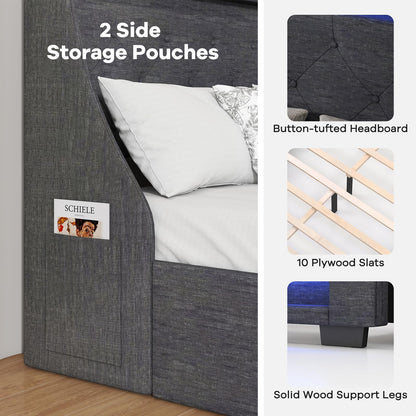 Goflame Full Size Bed Frame with LED Lights & Charging Station, Upholstered Platform Bed with Wingback Headboard