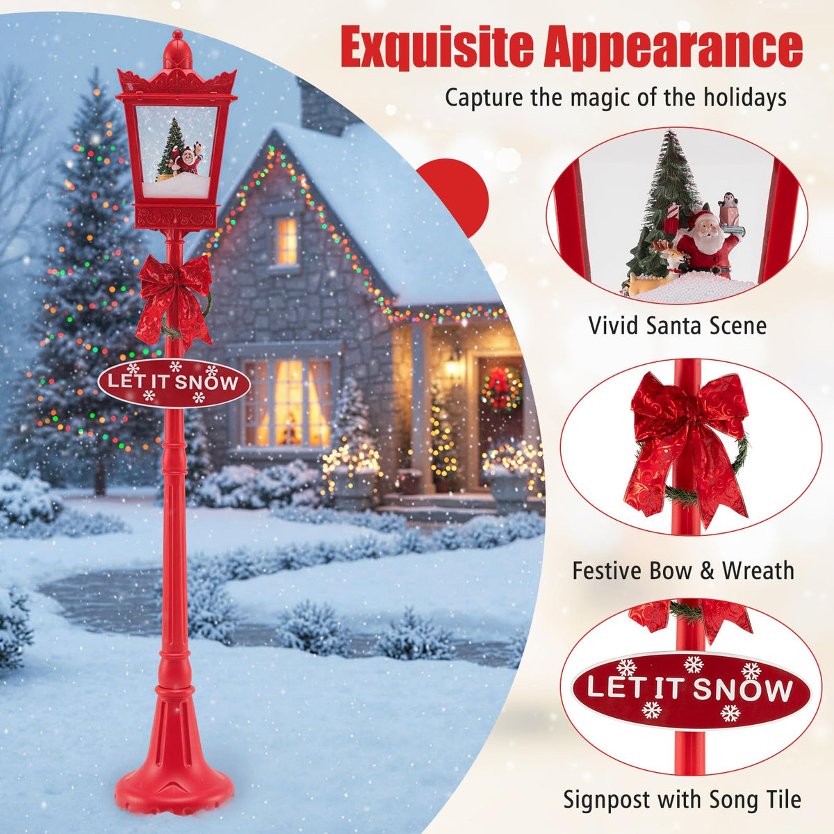 Goflame 8 ft Musical Christmas Streetlight w/Warm White LED Lights Snowy Effects Santa Scene