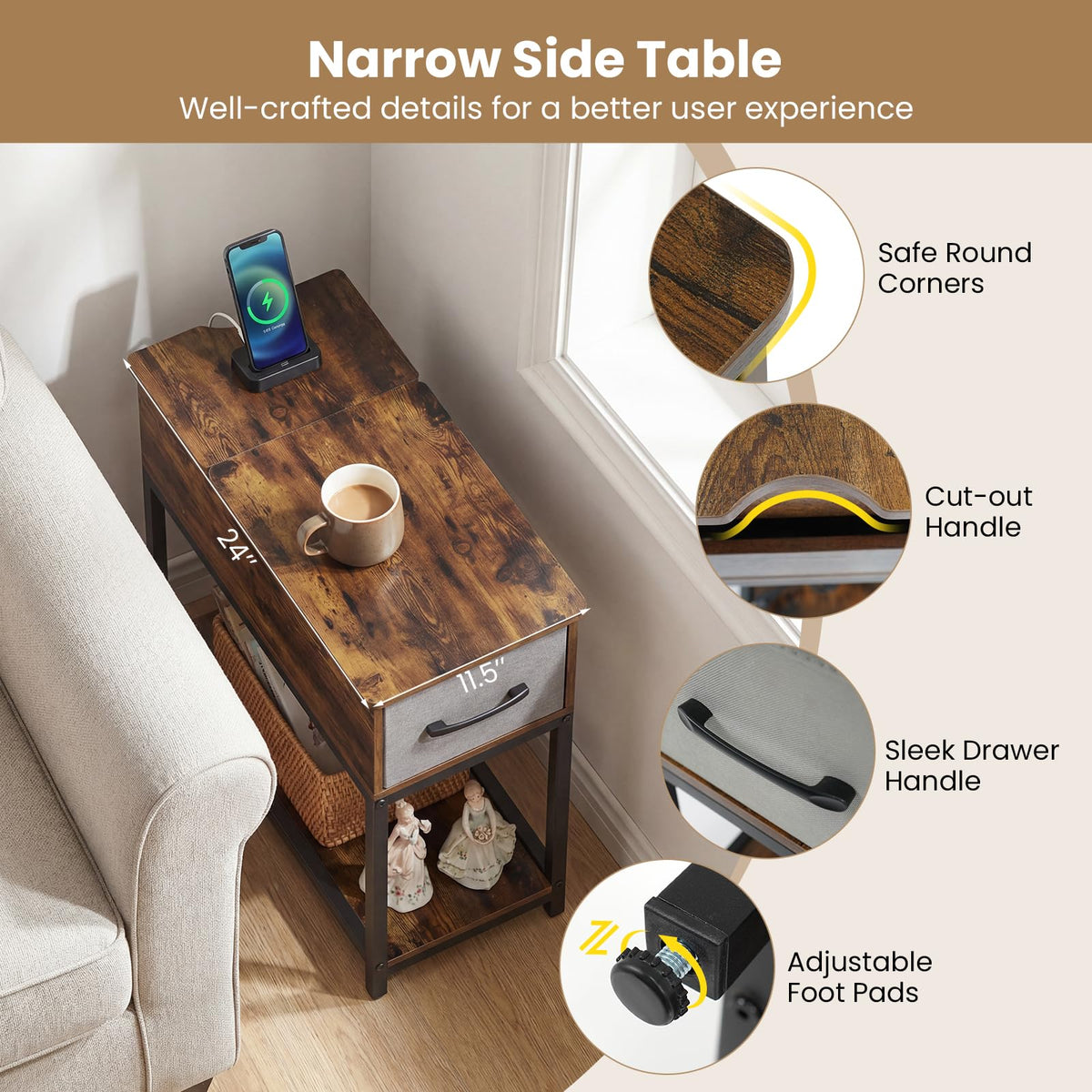 Goflame Narrow Side Table with Charging Station and LED Lights Industrial End Table