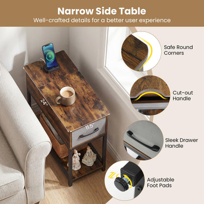 Goflame Narrow Side Table with Charging Station and LED Lights Industrial End Table