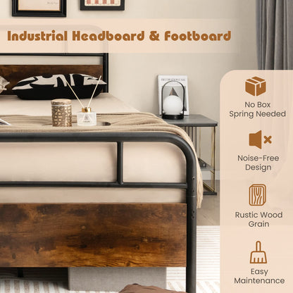 Goflame Full Size Metal Bed Frame with Wood Headboard and Footboard