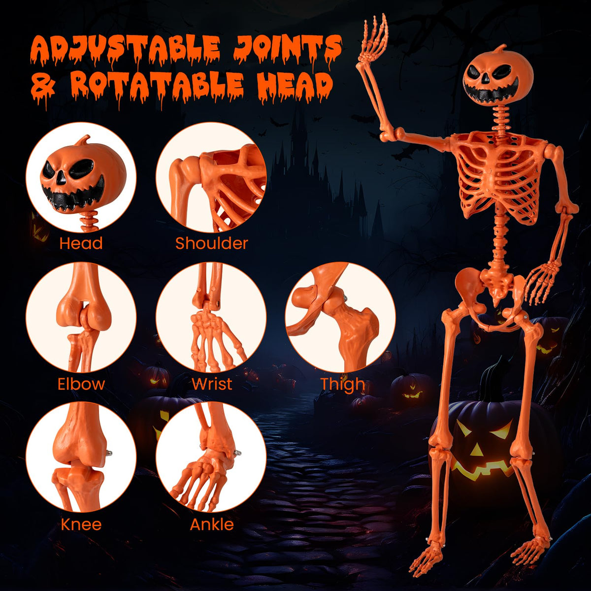 Goflame 5.2 Ft Life-Size Posable Skeleton with Pumpkin Head Halloween Orange Skeleton Decoration