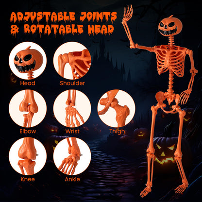 Goflame 5.2 Ft Life-Size Posable Skeleton with Pumpkin Head Halloween Orange Skeleton Decoration