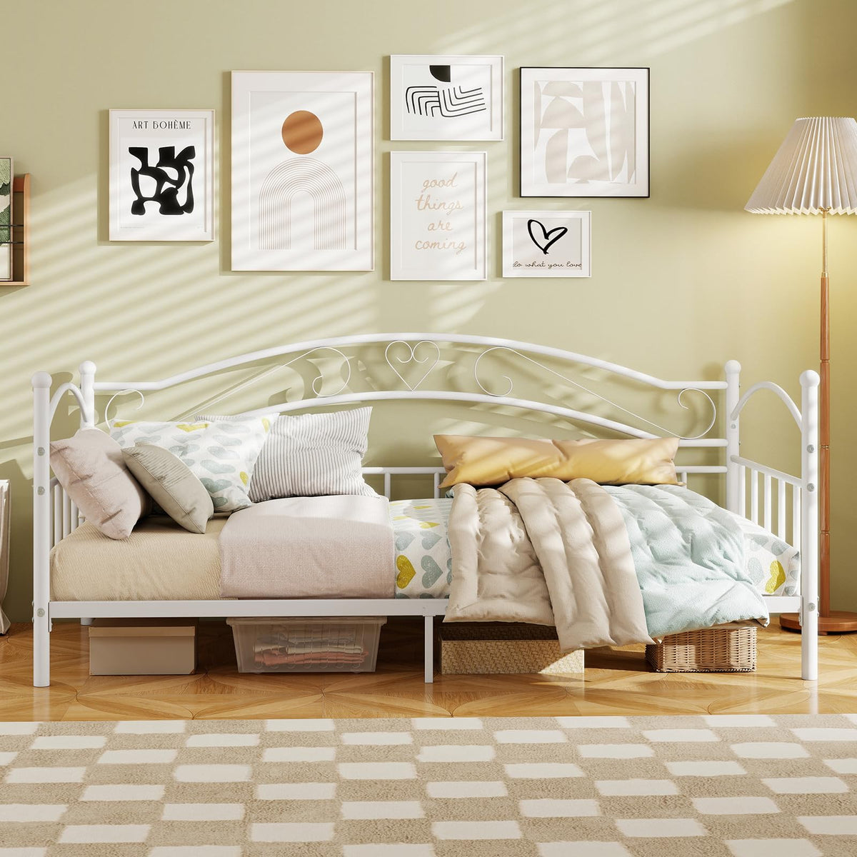 Goflame Modern Sofa Day Bed with Stylish Headboard & 12 Metal Slats Support
