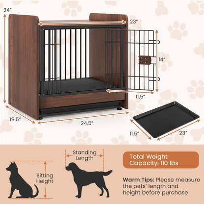 Goflame Dog Crate End Table - Wooden Dog Kennel Furniture with Removable Pull-Out Tray