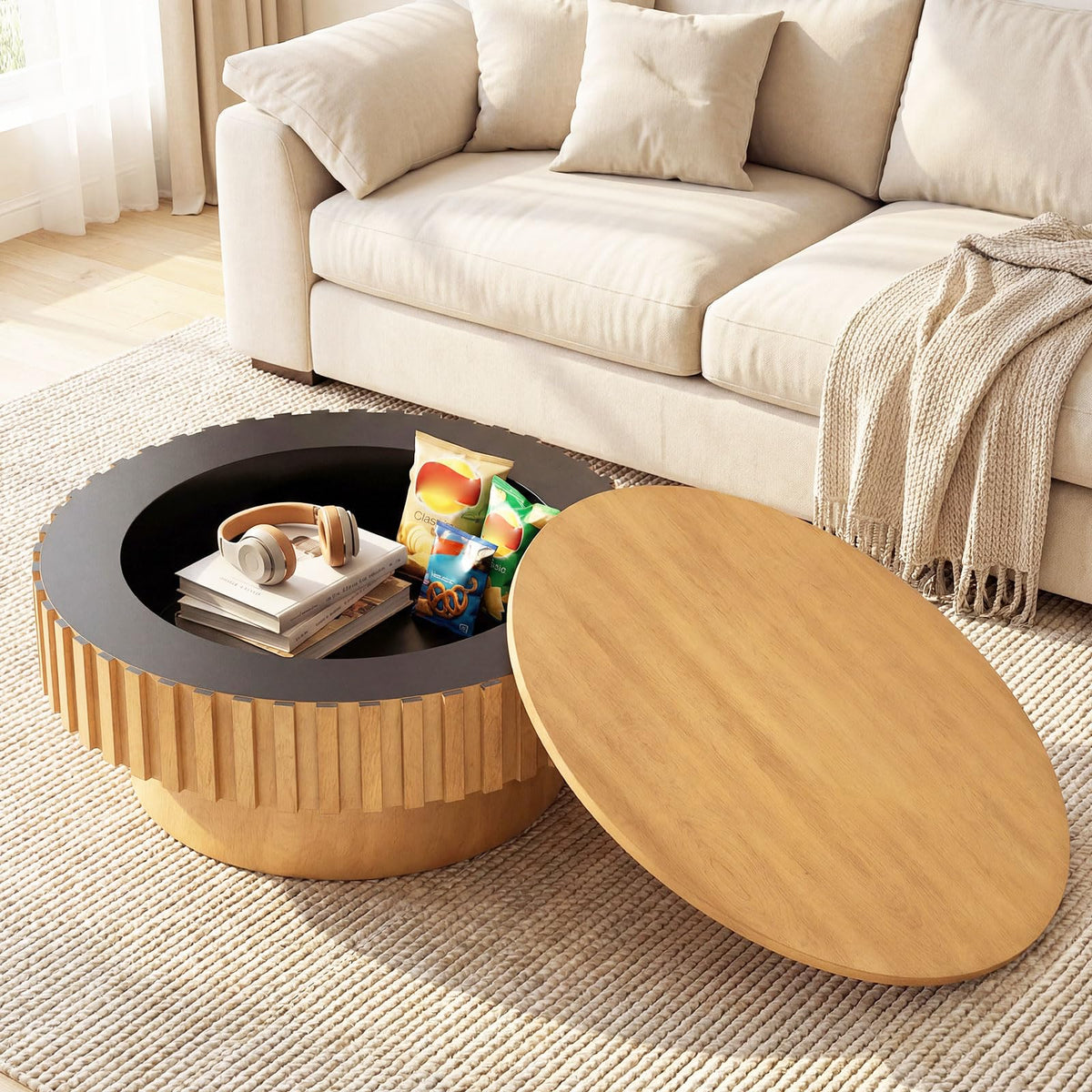 Goflame Round Coffee Table with Storage | Modern Drum Fluted Center Table with Solid Wood Veneered