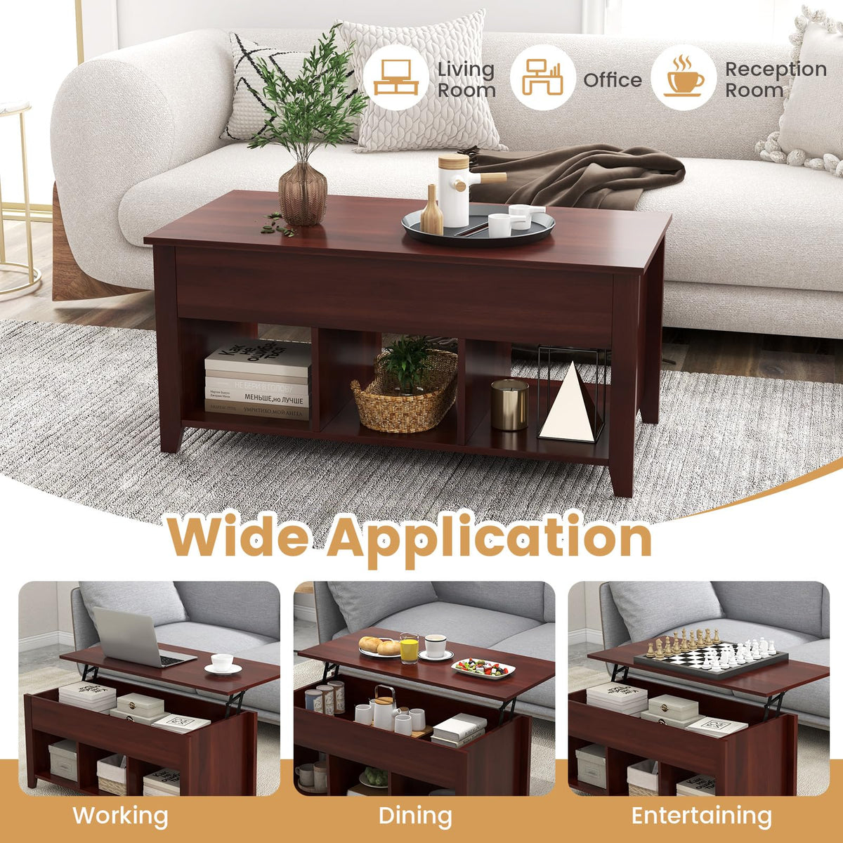 Goflame Lift Top Coffee Table - Rectangular Wooden Table w/Hidden Compartment & Open Storage Shelves