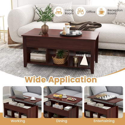 Goflame Lift Top Coffee Table - Rectangular Wooden Table w/Hidden Compartment & Open Storage Shelves