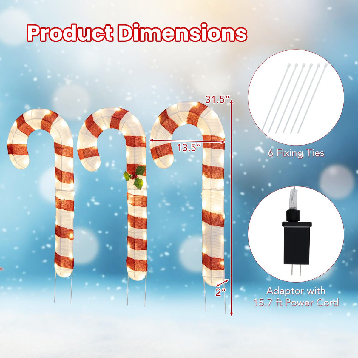 Goflame Lighted Candy Canes, Set of 3 Christmas Tinsel Candy Cane Decoration with 75 Warm White LED Lights