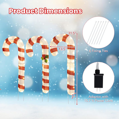 Goflame Lighted Candy Canes, Set of 3 Christmas Tinsel Candy Cane Decoration with 75 Warm White LED Lights